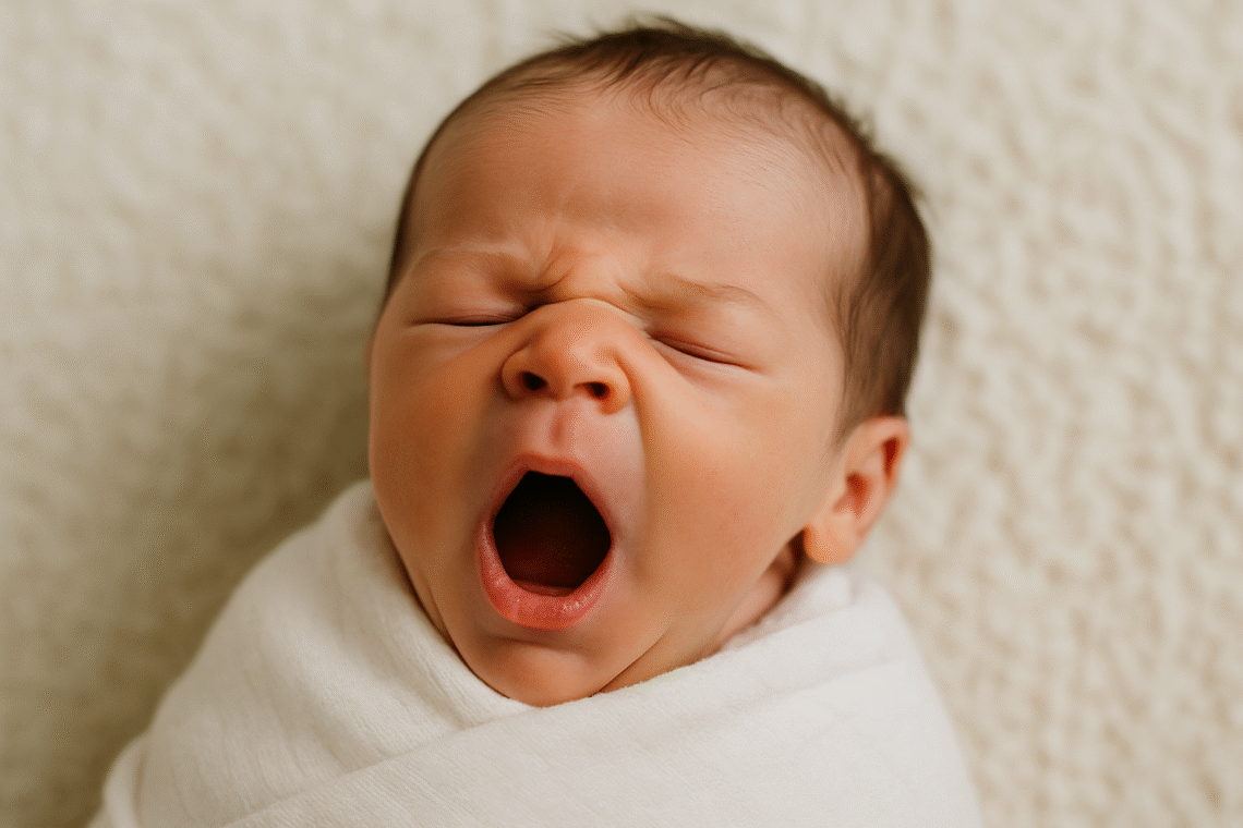 Newborn baby swaddled and yawning – normal baby behavior