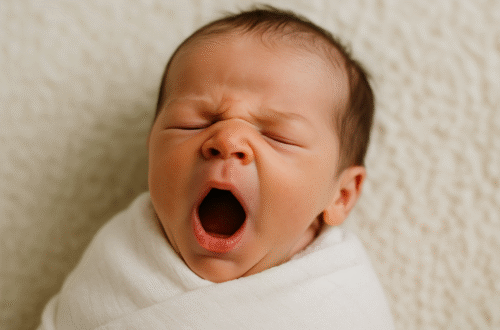 Newborn baby swaddled and yawning – normal baby behavior
